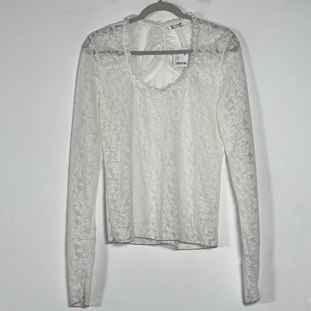 Intimately Free People Sheer Floral Lace Top  Womens Sz L White Long Sleeve
